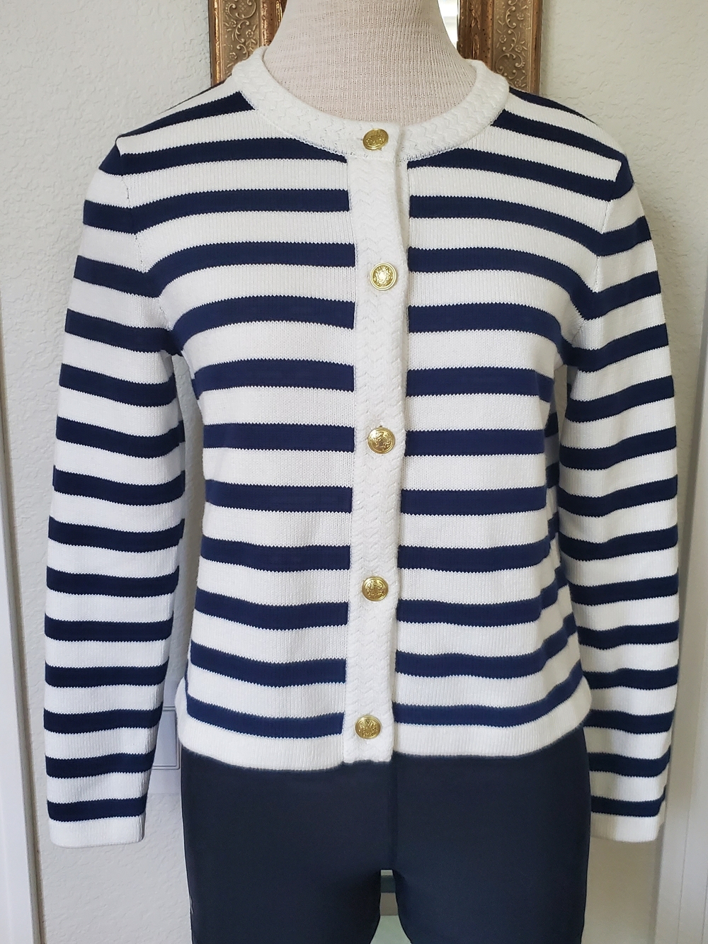 J.crew Striped Navy and White Button-Front Women's Sweater Cardigan